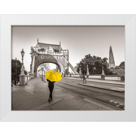 Lady with a yellow umbrella, Tower bridge, London White Modern Wood Framed Art Print by Frank, Assaf
