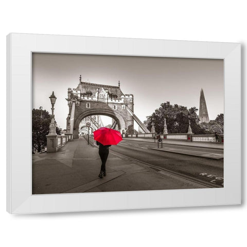 Tourist with umbrella on Tower Bridge, London, UK White Modern Wood Framed Art Print by Frank, Assaf