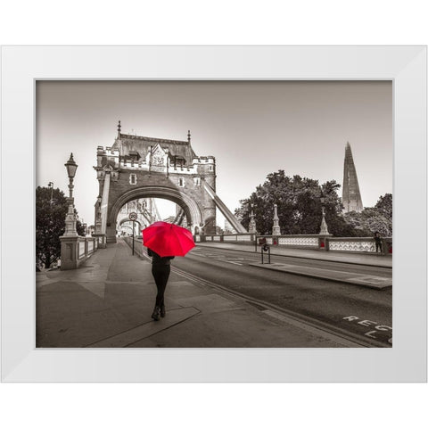 Tourist with umbrella on Tower Bridge, London, UK White Modern Wood Framed Art Print by Frank, Assaf