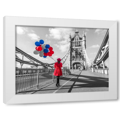 Tourist with colorful balloons on Tower Bridge, London, UK White Modern Wood Framed Art Print by Frank, Assaf