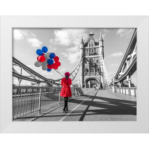 Tourist with colorful balloons on Tower Bridge, London, UK White Modern Wood Framed Art Print by Frank, Assaf