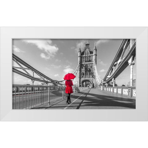 Tourist with red umbrella on Tower Bridge, London, UK White Modern Wood Framed Art Print by Frank, Assaf