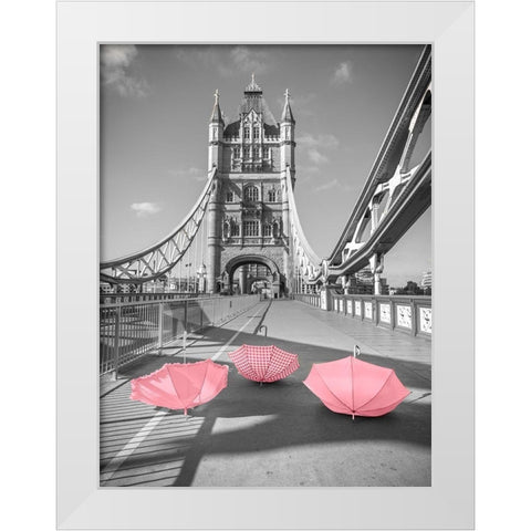 Pink umbrellas, Tower bridge, London White Modern Wood Framed Art Print by Frank, Assaf