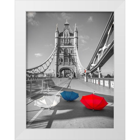 Colorful umbrellas on Tower bridge, London, UK White Modern Wood Framed Art Print by Frank, Assaf