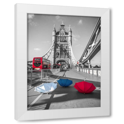 Colorful umbrellas on Tower bridge, London, UK White Modern Wood Framed Art Print by Frank, Assaf