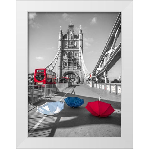 Colorful umbrellas on Tower bridge, London, UK White Modern Wood Framed Art Print by Frank, Assaf
