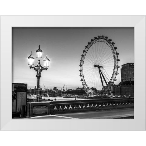 Street lamp on Westminster Bridge with London Eye in background, London, UK White Modern Wood Framed Art Print by Frank, Assaf