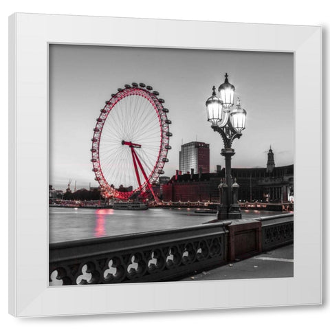 Street lamp on Westminster Bridge with London Eye in background, London, UK White Modern Wood Framed Art Print by Frank, Assaf