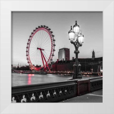 Street lamp on Westminster Bridge with London Eye in background, London, UK White Modern Wood Framed Art Print by Frank, Assaf
