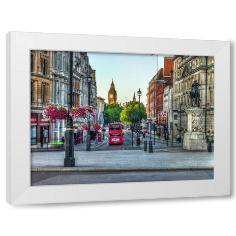 Streets of London city with double decker bus, UK White Modern Wood Framed Art Print by Frank, Assaf