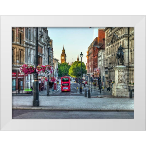 Streets of London city with double decker bus, UK White Modern Wood Framed Art Print by Frank, Assaf