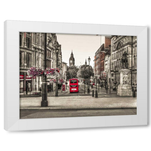 Streets of London city with double decker bus, UK White Modern Wood Framed Art Print by Frank, Assaf