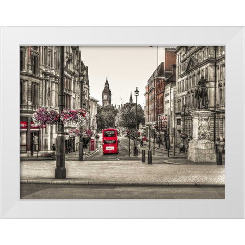 Streets of London city with double decker bus, UK White Modern Wood Framed Art Print by Frank, Assaf