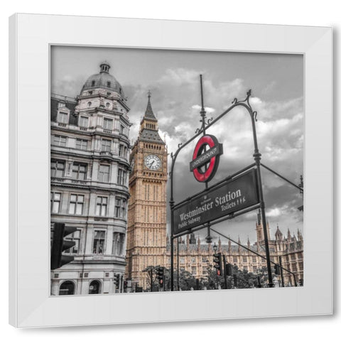 Westminster subway station signboard with Big Ben, London, UK, FTBR-1918 White Modern Wood Framed Art Print by Frank, Assaf