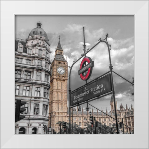 Westminster subway station signboard with Big Ben, London, UK, FTBR-1918 White Modern Wood Framed Art Print by Frank, Assaf