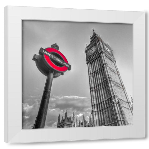 Underground sign with Big Ben, London, UK, FTBR-1810 White Modern Wood Framed Art Print by Frank, Assaf