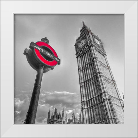 Underground sign with Big Ben, London, UK, FTBR-1810 White Modern Wood Framed Art Print by Frank, Assaf