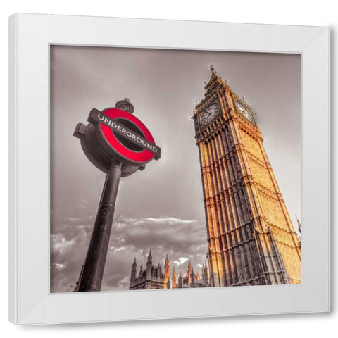 Underground sign with Big Ben, London, UK, FTBR-1906 White Modern Wood Framed Art Print by Frank, Assaf