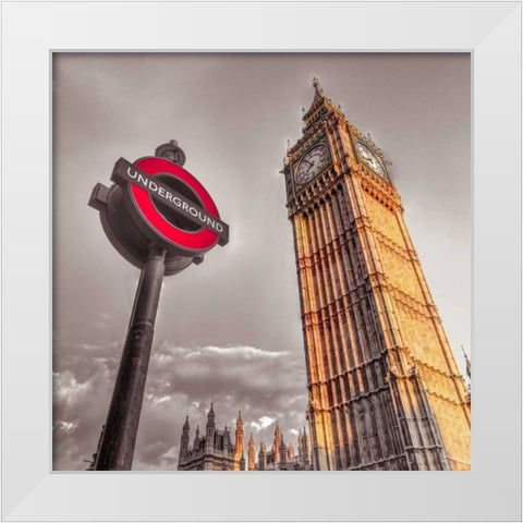 Underground sign with Big Ben, London, UK, FTBR-1906 White Modern Wood Framed Art Print by Frank, Assaf