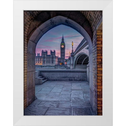View of Westminster Abby and Big Ben from Thames promenade arch, London, UK White Modern Wood Framed Art Print by Frank, Assaf