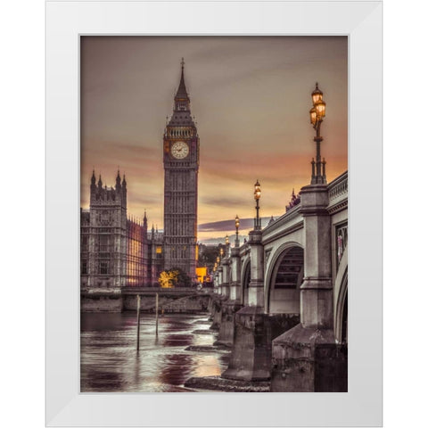 Westminster bridge and Big Ben from Thames promenade, London, UK, FTBR-1826 White Modern Wood Framed Art Print by Frank, Assaf