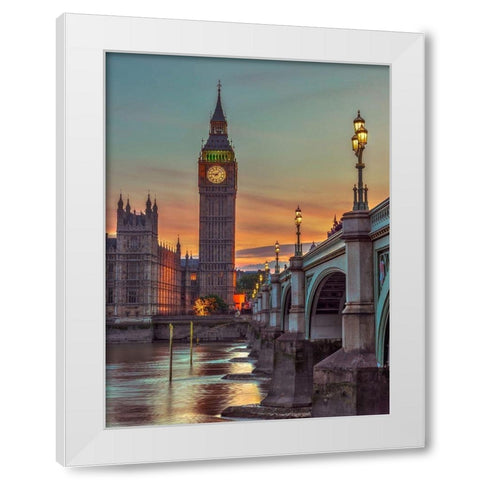 Westminster bridge and Big Ben from Thames promenade-London-UK White Modern Wood Framed Art Print by Frank, Assaf