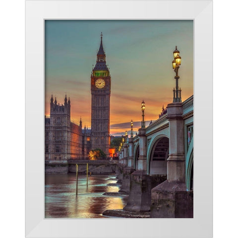Westminster bridge and Big Ben from Thames promenade-London-UK White Modern Wood Framed Art Print by Frank, Assaf