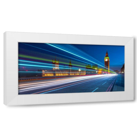 Westminster Abby and Big Ben with strip lights, London, UK White Modern Wood Framed Art Print by Frank, Assaf