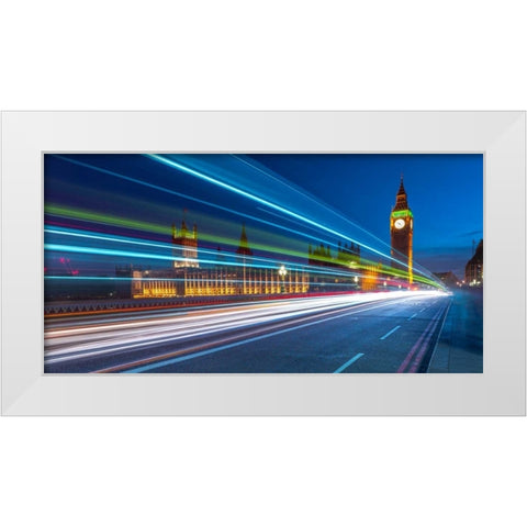 Westminster Abby and Big Ben with strip lights, London, UK White Modern Wood Framed Art Print by Frank, Assaf