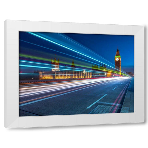 Westminster Abby and Big Ben with strip lights, London, UK White Modern Wood Framed Art Print by Frank, Assaf