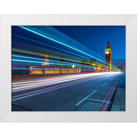 Westminster Abby and Big Ben with strip lights, London, UK White Modern Wood Framed Art Print by Frank, Assaf