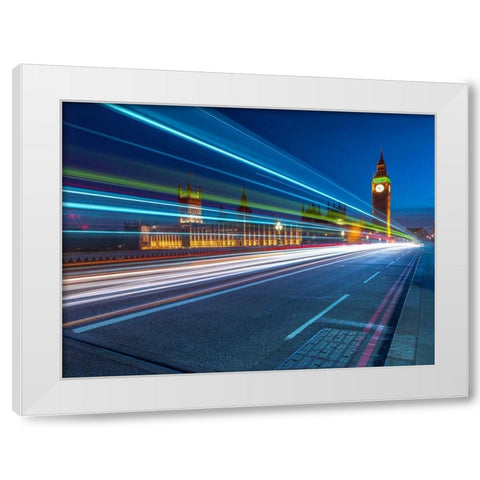 Westminster Abby and Big Ben with strip lights, London, UK White Modern Wood Framed Art Print by Frank, Assaf