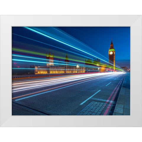 Westminster Abby and Big Ben with strip lights, London, UK White Modern Wood Framed Art Print by Frank, Assaf