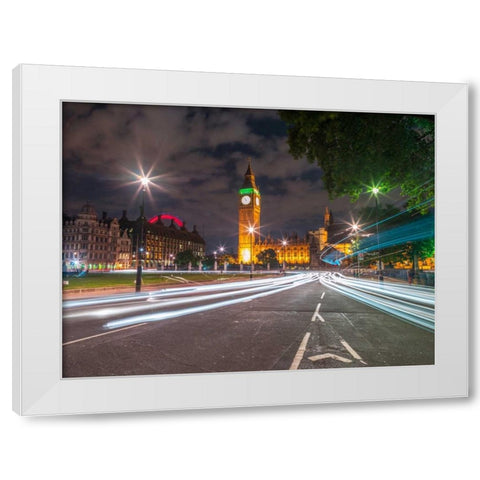 Westminster Abby and Big Ben with strip lights, London, UK White Modern Wood Framed Art Print by Frank, Assaf