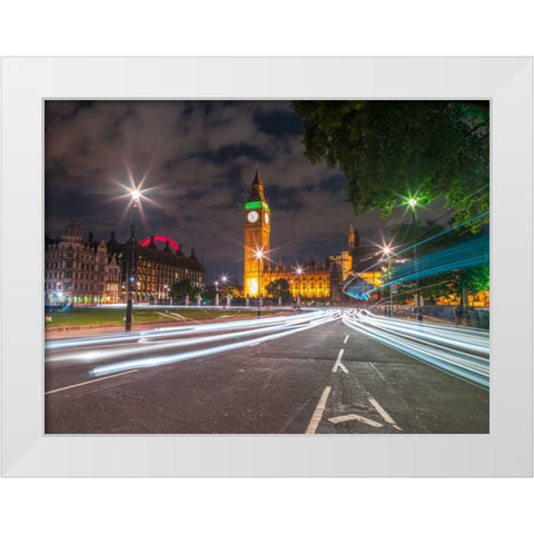 Westminster Abby and Big Ben with strip lights, London, UK White Modern Wood Framed Art Print by Frank, Assaf