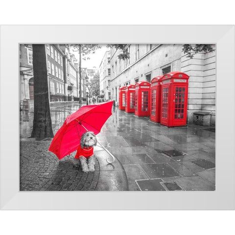 Dog with umbrella in London White Modern Wood Framed Art Print by Frank, Assaf