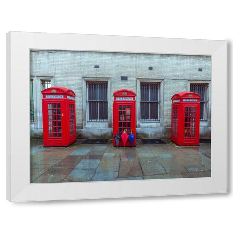 Telephone boxes with umbrellas White Modern Wood Framed Art Print by Frank, Assaf