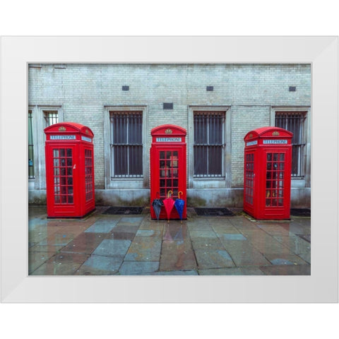 Telephone boxes with umbrellas White Modern Wood Framed Art Print by Frank, Assaf