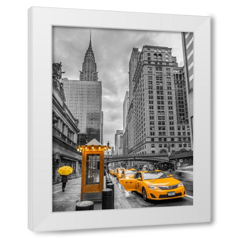 Cab on New York city street, FTBR-1840 White Modern Wood Framed Art Print by Frank, Assaf