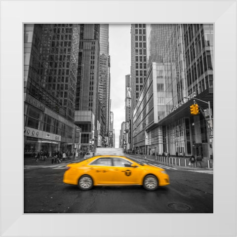 Cab on New York city street White Modern Wood Framed Art Print by Frank, Assaf