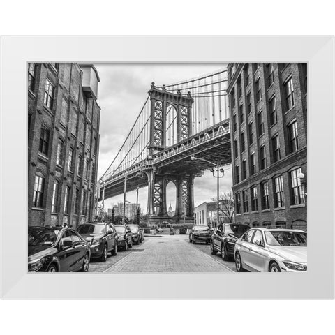Manhattan bridge from a street-New York White Modern Wood Framed Art Print by Frank, Assaf
