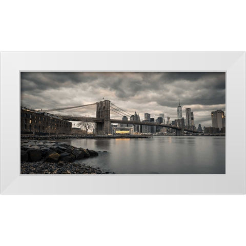 Brooklyn Bridge over East river, New York White Modern Wood Framed Art Print by Frank, Assaf