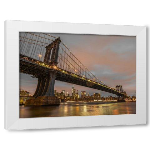Manhattan bridge and New York city skyline White Modern Wood Framed Art Print by Frank, Assaf