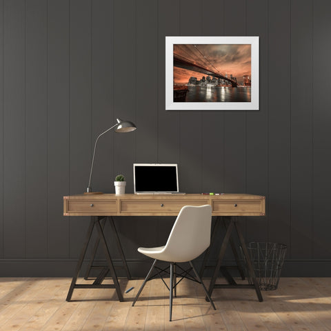 Brooklyn bridge over East river, New York White Modern Wood Framed Art Print by Frank, Assaf