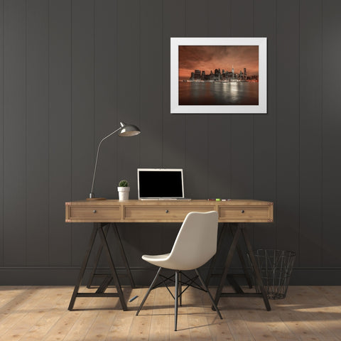 Lower Manhattan skyline in evening, New York White Modern Wood Framed Art Print by Frank, Assaf