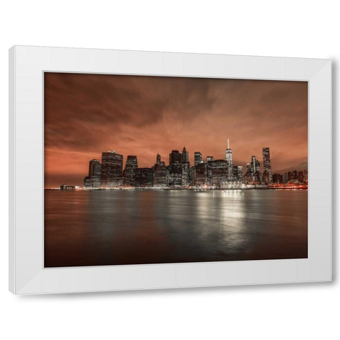 Lower Manhattan skyline in evening, New York White Modern Wood Framed Art Print by Frank, Assaf