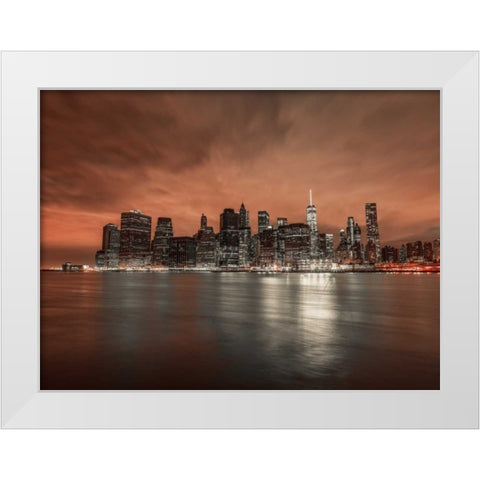 Lower Manhattan skyline in evening, New York White Modern Wood Framed Art Print by Frank, Assaf