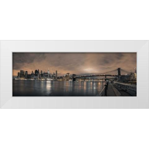 Lower Manhattan skyline in evening, New York White Modern Wood Framed Art Print by Frank, Assaf