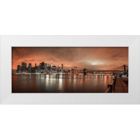 Lower Manhattan skyline in evening, New York White Modern Wood Framed Art Print by Frank, Assaf