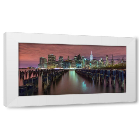 Manhattan skyline with rows of groynes in foreground, New York White Modern Wood Framed Art Print by Frank, Assaf